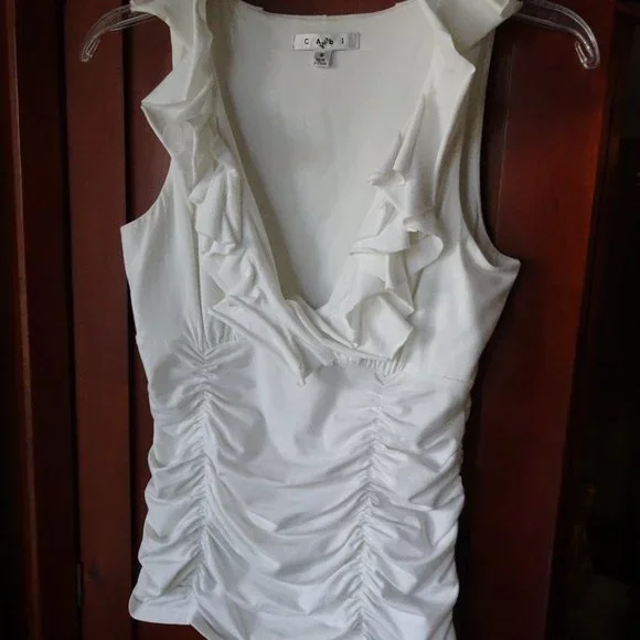 Cabi Low Cut white Sleeveless ruffle top S - Picture 1 of 8